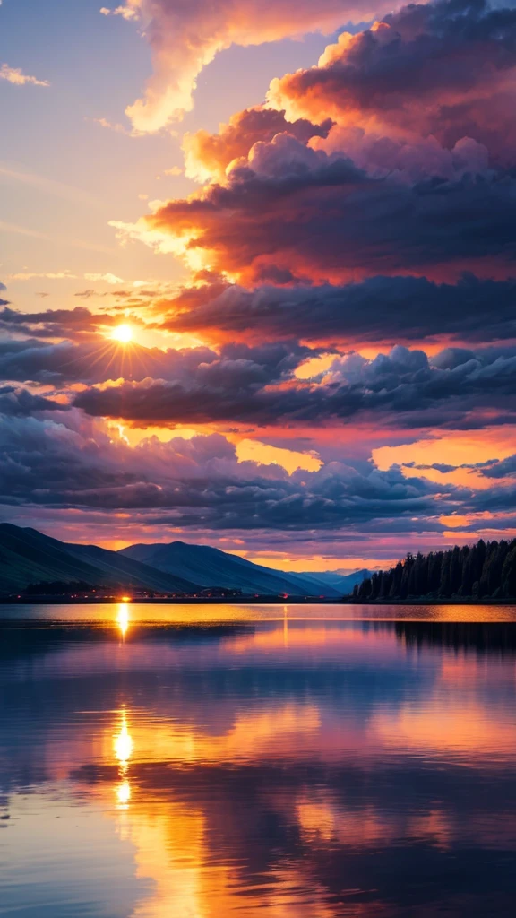 A calm lake，Reflecting the burning clouds，Sunset，best quality，8K，Shock。