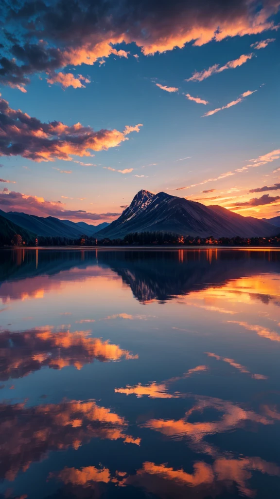 A calm lake，Reflecting the burning clouds，Sunset，best quality，8K，Shock。