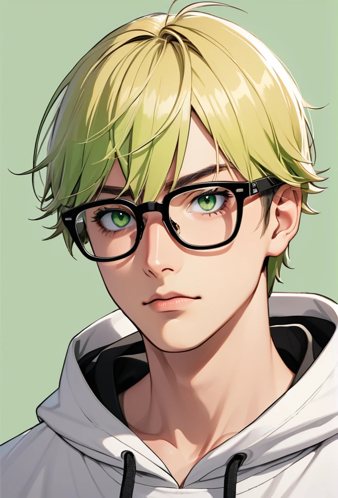 guy, blond, short hair, green eyes, black square-rimmed glasses, hood on his head