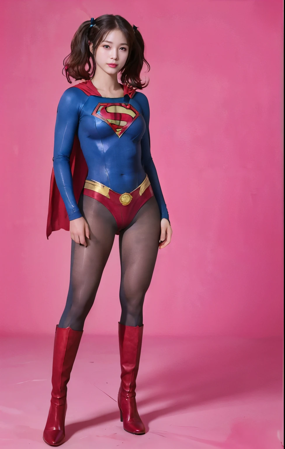 No background、(((Beautiful legs in black tights.)))、(((Legally express the beauty of your smile)))、((((Make the most of your original images)))、(((Supergirl Costume)))、(((Beautiful hair with twin tails)))、(((suffering)))、(((Please wear black tights....、Wear red boots)))、((Best image quality、8K))、((Highest quality、8K、masterpiece:1.3))、(((Preserve background )))、Sharp focus:1.2、Beautiful woman with perfect figure:1.4、Slim Abs:1.2、Wet body:1.5、Highly detailed face and skin texture、8K