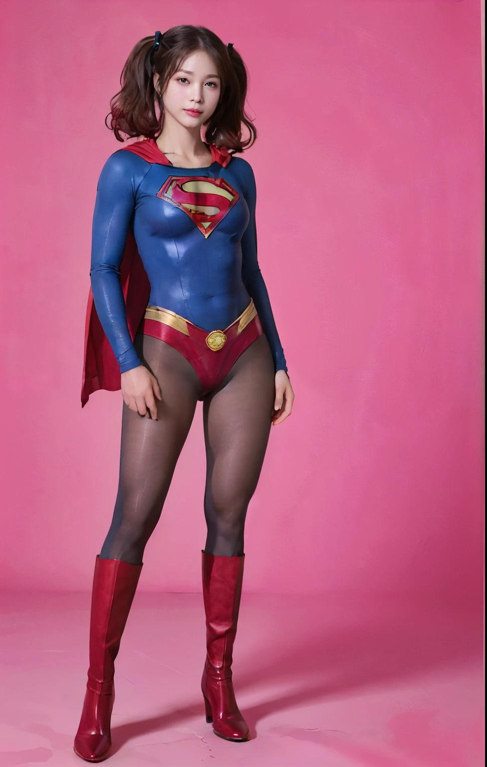 No background、(((Beautiful legs in black tights.)))、(((Legally express the beauty of your smile)))、((((Make the most of your original images)))、(((Supergirl Costume)))、(((Beautiful hair with twin tails)))、(((suffering)))、(((Please wear black tights....、Wear red boots)))、((Best image quality、8K))、((Highest quality、8K、masterpiece:1.3))、(((Preserve background )))、Sharp focus:1.2、Beautiful woman with perfect figure:1.4、Slim Abs:1.2、Wet body:1.5、Highly detailed face and skin texture、8K