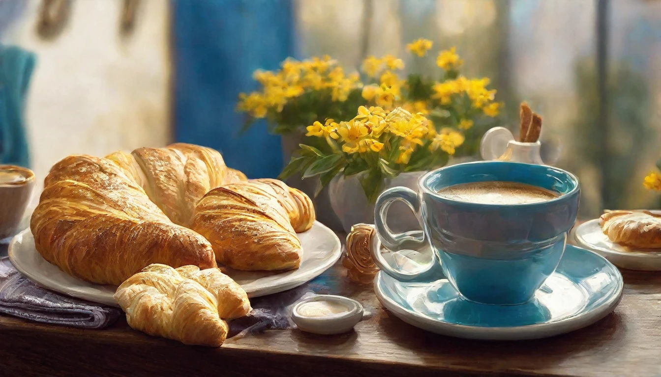 Create an image featuring a cozy morning scene with a focus on a cup of coffee with heart-shaped latte art. The setting includes a piano in the background, indicating a musical theme. The table holds the coffee cup, which is placed on an intricately designed blue saucer with white floral patterns. Accompanying the coffee are freshly baked croissants and scattered berries, adding to the breakfast theme. Sunlight filters through, casting warm tones over the scene and highlighting vibrant yellow flowers in a pot nearby, suggesting a peaceful and inviting atmosphere.