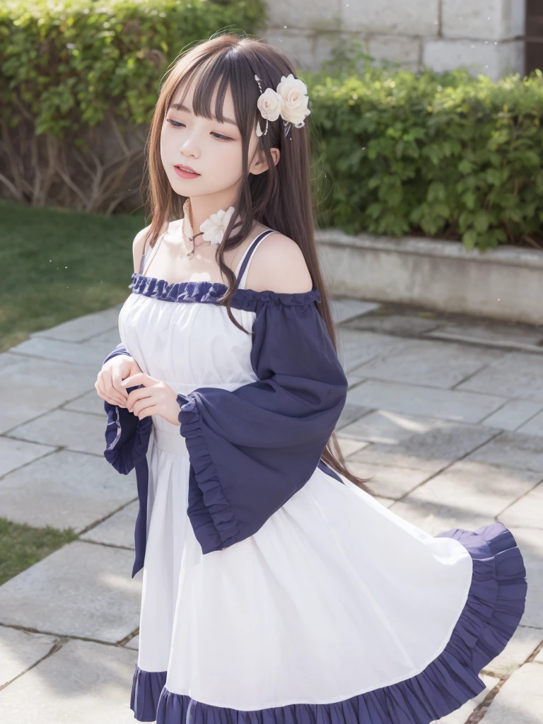 Highest quality、High resolution、Ultra-detailed、8K, Emilia、Emilia Masterpiece、Highest quality, There is a girl in the courtyard of the castle, Bans, Clothes are white, 長いsleevemouth, just_shoulder, dull_前hair, Blurred, Blurred_background, Blurred_prospect, blush, Braid, chestout, chestの谷間, Closed_mouth, cloud, crown_Braiding, Tag, depth_In_Field, independent_sleeve, dress, Emilia_\(Again:Stay Night\), eyebrows_appear_Through_hair, flower柄, Precious stones, hair_flower, hair_Decorations have been removed, hair_ribbon, lens_Flare, length_hair, look up_in_Audience, low_length_hair, Moderate_chest, One_eye_Closed, plein air, Pleats_skirt, Spiky_ear, purple_eye, purple_ribbon, ribbon, Silver_hair, skirtの, null, Laughter, solo, very_length_hair, white_flower