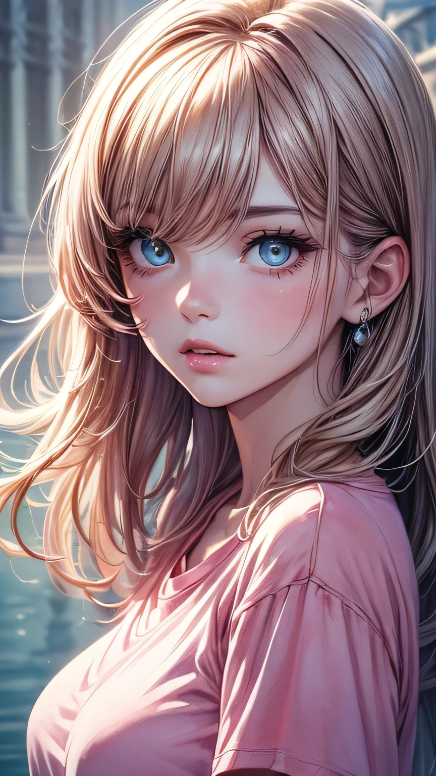(masterpiece),(Highest quality:1.1),(Super detailed),Best illustrations,In detail,(Portraiture:1.1),(Watercolor),floating,One girl,solo,slim,(Very delicate and beautiful face),(Beautiful eyes in every detail),Pink thick lips,(Disheveled Hair),(Wearing a loose pink T-shirt),Soft and lazy,4K