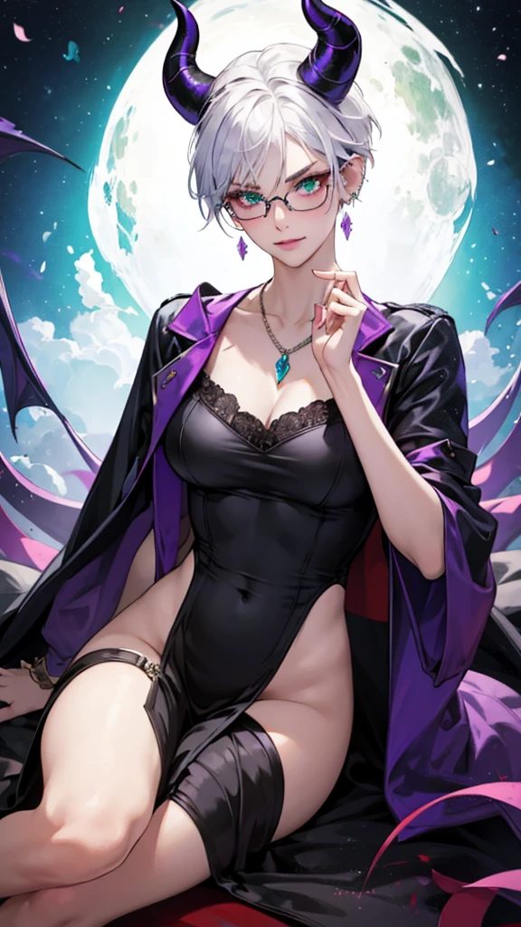 8k, masterpiece, best quality, highly detailed, 1 girl, tiefling, warlock, multicolored hair, very short straight hair green highlight hair on white hair, strippled hair, wearing glasses, round glasses, earrings, red eyeshadow, long eyelashes,navel piercing, blushed cheek, necklace, collarbone, mole, glamorous, purple and teal clothing, villainy, smirk, seductive face, halfbody view, rings, looking at viewer, demon horns, solo, antique dress, ballroom, palace, blue pale moon, sitting, 