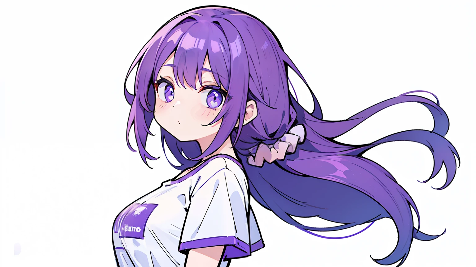 masterpiece, beautiful detailed, (Oversized T-shirt), violet theme, violet Eyes, violet hair, long hair, 1girl, looking at viewer, looking ahead, running, medium breasts, hair scrunchie, ((no background:1.4)), ,(((bold outline))), limited palette