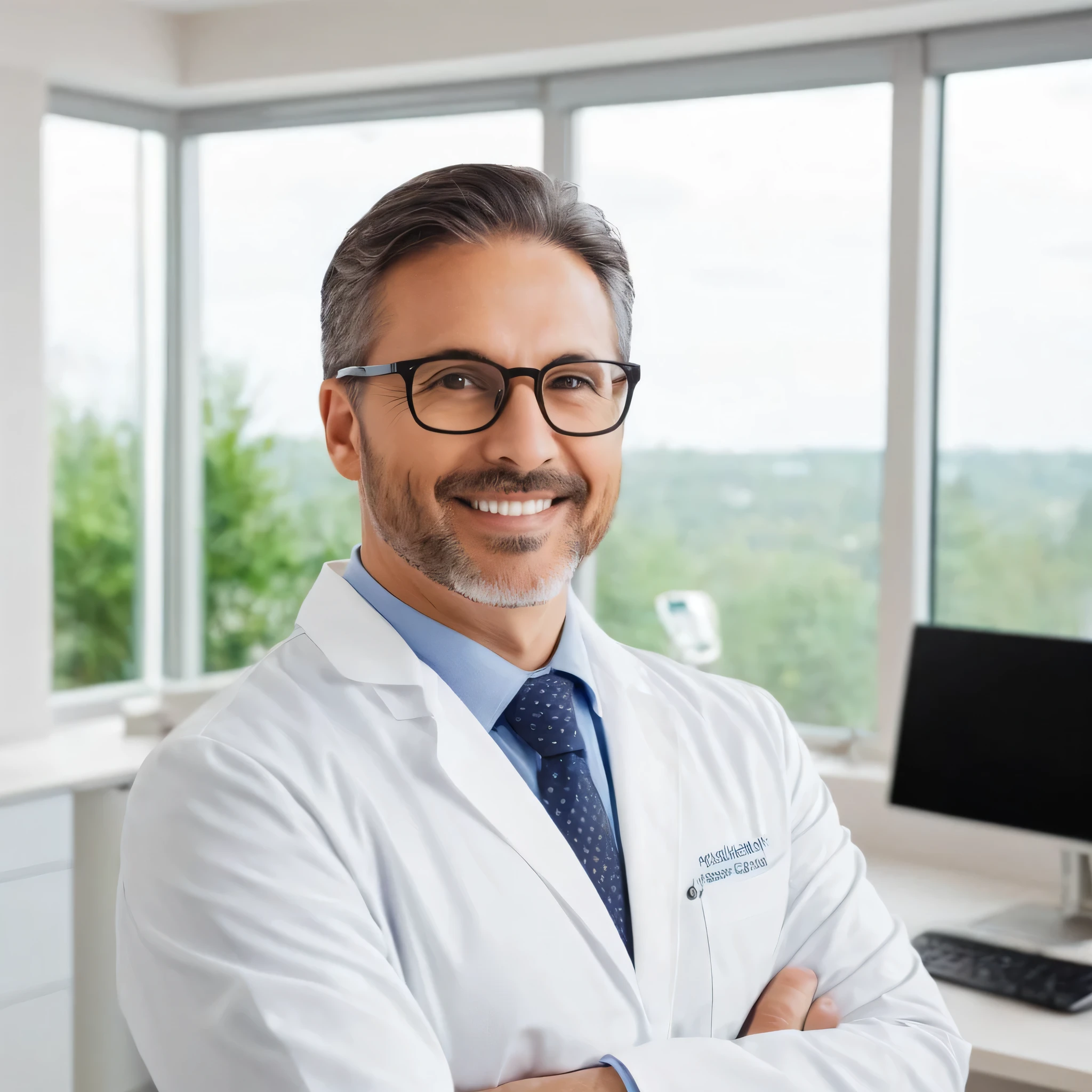 A 40-year-old dentist wearing a lab coat and glasses:Appearance:

    Age: At 40 years old, he has a mature and professional appearance, indicating experience and reliability in his field.
    Attire: He wears a clean, white lab coat that signifies his profession and emphasizes his commitment to hygiene and professionalism.
    Glasses: Wears glasses, which could enhance his intellectual and meticulous demeanor, necessary for his detailed work as a dentist.
    Face: Likely has a calm and reassuring expression, designed to put his patients at ease. His face might show the signs of a well-maintained, professional life, with some lines that suggest wisdom and experience.
    Build: He may have a healthy, balanced build, reflecting a lifestyle that values health and wellness, which he promotes to his patients.

Personality:

    Professional: He is highly skilled and knowledgeable in his field, with years of experience that make him a trusted professional.
    Compassionate: He possesses a compassionate and patient-centric approach, ensuring his patients feel comfortable and well-cared for during their visits.
    Detail-Oriented: His meticulous nature ensures that he pays attention to even the smallest details, crucial for providing high-quality dental care.
    Calm: Maintains a calm and composed demeanor, essential for managing the often anxious nature of his patients.