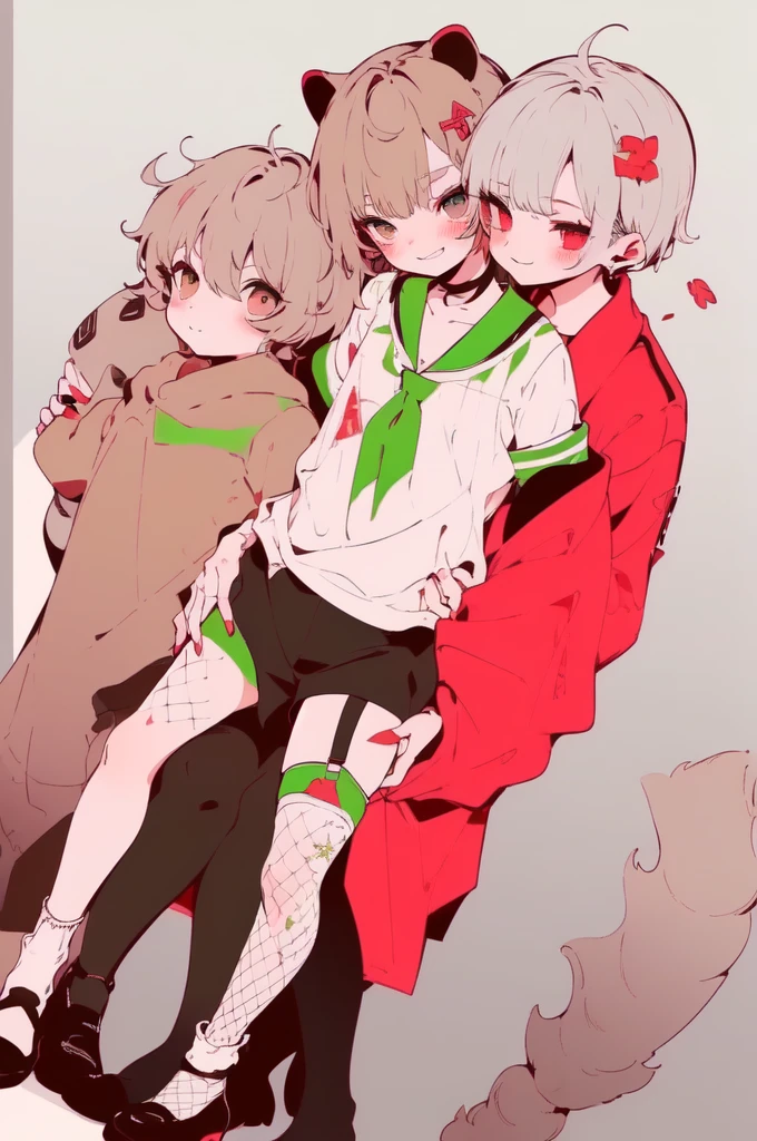 (((a Woman is Hugging a Boy from Behind))), (((Back Hug))),
BREAK; 
(Niji), (1Boy, Chibi), (((Pale Gray Hair, Bangs:1.5, Tired Hair:1.3, Very Short Hair:1.5)), (Hair Leaf, Green Leaf ornament), ((Brown Raccoon Ears)), (Brown Raccoon Tails), ((Dark Brown Eyes:1.1)), ((Makeup, Short Eyebrows:1.1, Brown Eyeliner, Brown EyeShadow)), ((Shirt, White Shirt, Short Sleeves, Tie, Green Tie)), (Haori, Japanese Haori), ((Japanese Kimono Cort)), ((Deep Gray Shorts)), ((White Socks)), ((Brown Shoes)), (((Smile:1.1))), Slender Body, Big Hips:0.5, Thighs:0.5, (((Flat Chest:1.5))),
BREAK; 
(((1Woman, Adult Woman))), (Red Hair, Layered Hair, White Hair, Short Hair), (MakeUp, Red Eyeliner), ((Military Uniform, Long Sleeve, White Ascot)), ((Shirt, White Shirt)), ((Skirt, Tight Skirt)), ((Brown Garter Straps, Stockings, Fishnet Tights)), Thighs:1.3, ((High_Heels)), Slender Body, (((Big Breasts:1.3))), Red Nails, Grin, Smile,
BREAK; 
(8K, Best Quality, Ultra Detailliert, Highres, Absurdres, Perfect Anatomy, Masterpiece), Perfect Face, Strong Outline, Five Fingers, (Blush), ((Posed Photo:1.3)), ((Wide-Angle Photo:1.3)), Dutch Angle, (Floral Print:1.3), (White BackGround), (Flower BackGround:1.3), (Floral BackGround:1.3),