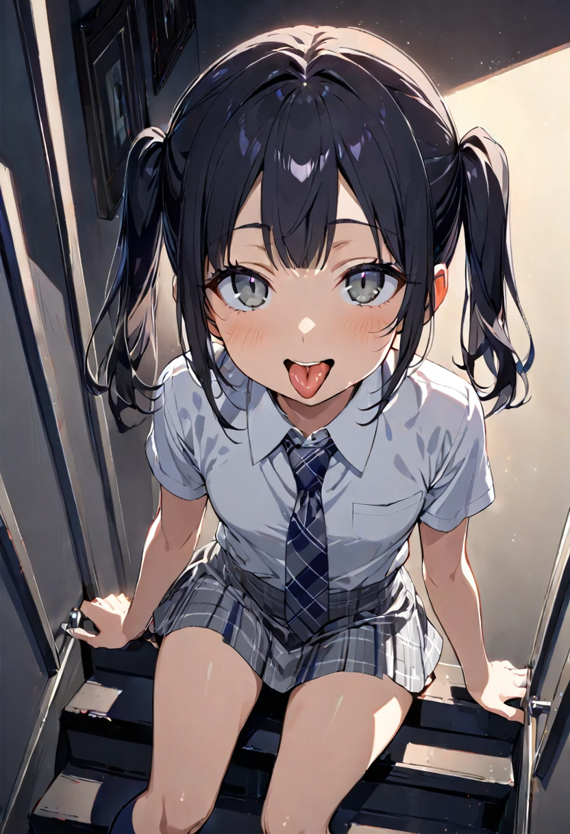 Sit on the stairs,looking ahead,from above,side view,face focus,open mouth,tongue out,cum on tongue,lick,(1girl,Beautiful 14 year old girl),((Slender,Small breasts,Baby Face,Small face,)),looking at viewer,Black Hair,bangs,two side up,Gray Eyes,Drooping eyes,slit pupils,narrow eyes,,Short sleeve shirt,Grey checked tie,Grey checked mini skirt,Navy blue socks,Beautiful and detailed anime art,Mischievous smile,Dimly lit room,Simple Background,Gray background,Low lighting