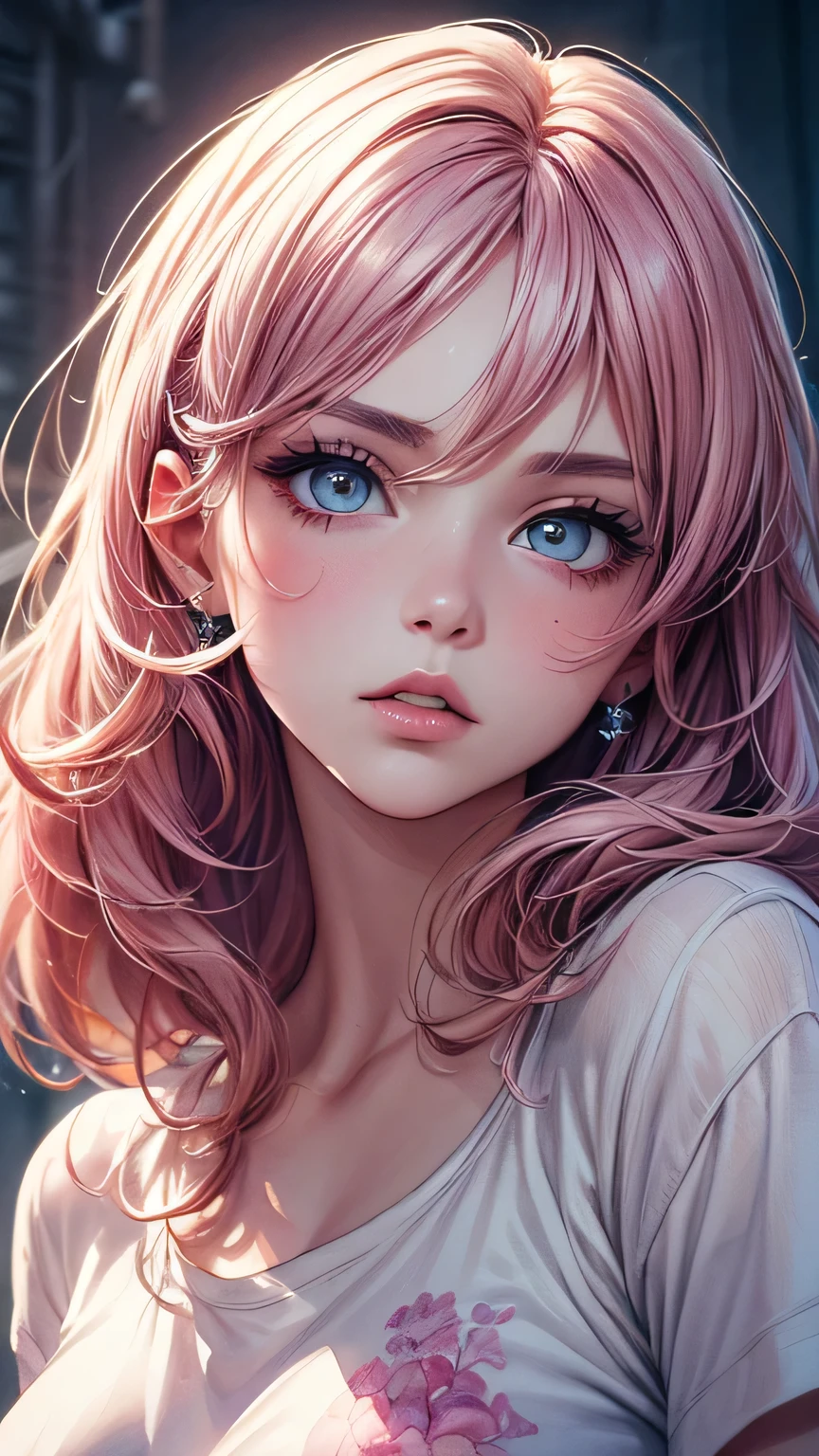 (masterpiece),(Highest quality:1.1),(Super detailed),Best illustrations,In detail,(Portraiture:1.1),(Watercolor),floating,One girl,solo,slim,(Very delicate and beautiful face),(Beautiful eyes in every detail),Pink thick lips,(Disheveled Hair),(Wearing a loose pink T-shirt),Soft and lazy,4K