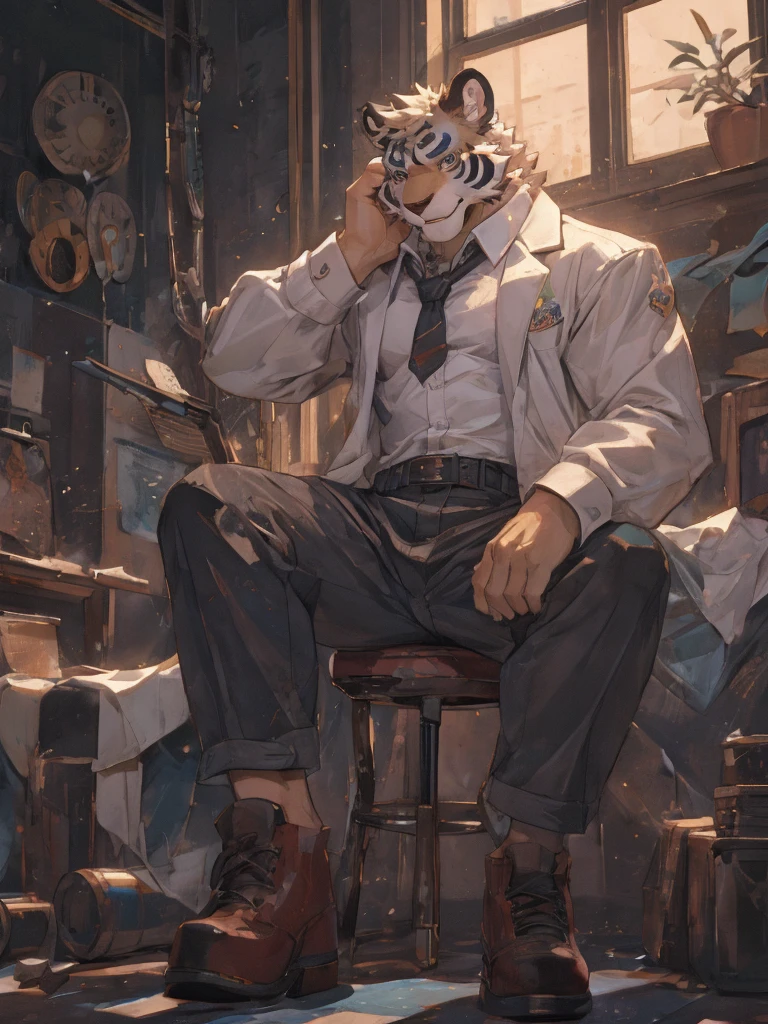 {{bara extremely handsome white tiger,}} {{white fur,}} white, wearing military like purple trench coat, purple trousers, white dress shirt and necktie, white fluffy furry body and limbs, loafers, very tall, very broad shoulders, narrow waist, muscular arms, massive pecs, purple eyes, very long legs, sitting on swivel chair with legs spread, perspective, massive bulge, reading file, sophisticated hot look, sexy pose, full body, sunlight casting over, 3/4 view, best quality, high quality, silver earring on left ear, sultry smirk