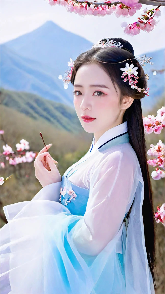There are blue sky, white clouds and mountains in the distance、tower and many people,Pink flowers,Cherry tree,Hanfu woman,Phoenix crown tiara、Fine embroidery、Wear Hanfu pantyhose、Hanfu、Wear long-sleeved Hanfu、Transparent and clearly visible、Look and、Exposed oversized breasts、Raw,(8k、Top quality、masterpiece:1.8)、(Intricate details:1.8)、(Reality:1.8)、Octane Rendering、Complex 3D rendering with ultra-details, Studio soft light, Side light, Vivid details, Super Detail, Realistic skin texture, Details, beautiful eyes, Highly detailed CG Unity 16k wallpaper, cosmetic, (Detailed background:2.0), Clear fingers,Beautiful fingers,Radiant skin、Spread your legs,Camel toe showing thigh!!!、