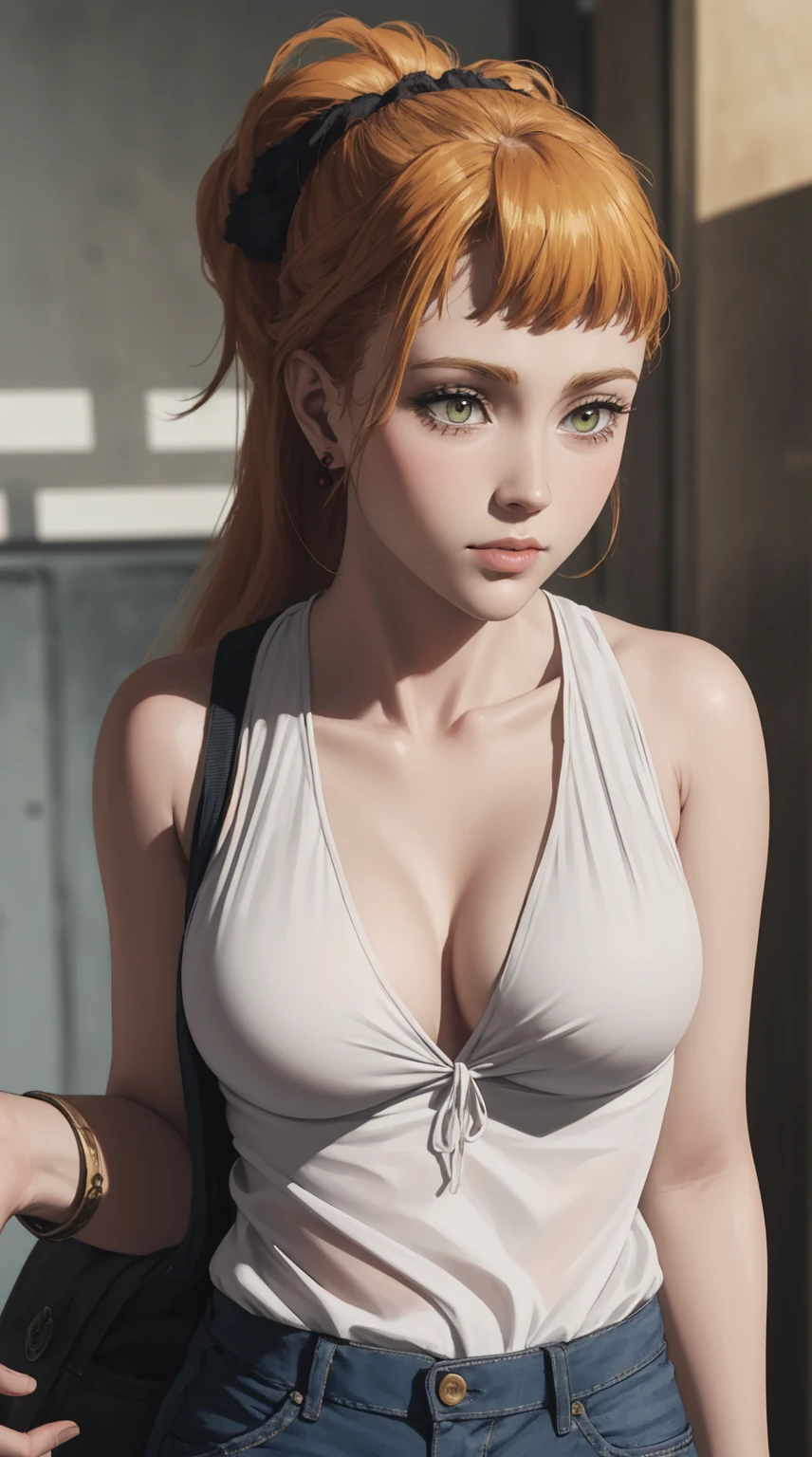 mimosa from black clover anime, long hair, brown hair, green eyes, ponytail, beautiful, beautiful woman, perfect body, perfect breasts, wearing white shirt, sleeveless, no bra, cleavage, long jeans, wearing watch, wearing earrings , on city, looking at the audience , slight smile , realism , masterpiece , textured skin , super detailed , high detail , high quality , best quality , 1080p , 16k