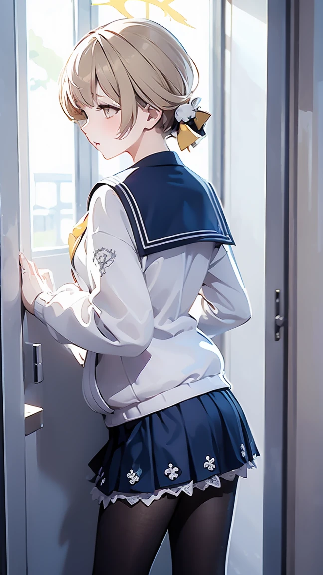 ((masterpiece,best quality)), (illustration), solo, hifumi (blue archive), halo, black pantyhose, long straight light brown hair, school uniform, yellow eyes, sailor collar, pleated blue skirt, white cardigan, long sleeves, blush, frilled skirt, back