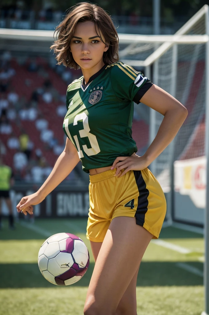 a beautiful young woman with short brown hair, wearing a Germany football jersey and shorts, standing on a green football pitch, holding a football, dynamic pose, (best quality,4k,8k,highres,masterpiece:1.2),ultra-detailed,(realistic,photorealistic,photo-realistic:1.37),hyper detailed facial features, extremely detailed eyes and face, portrait, sports, football, realism, vibrant colors, dramatic lighting