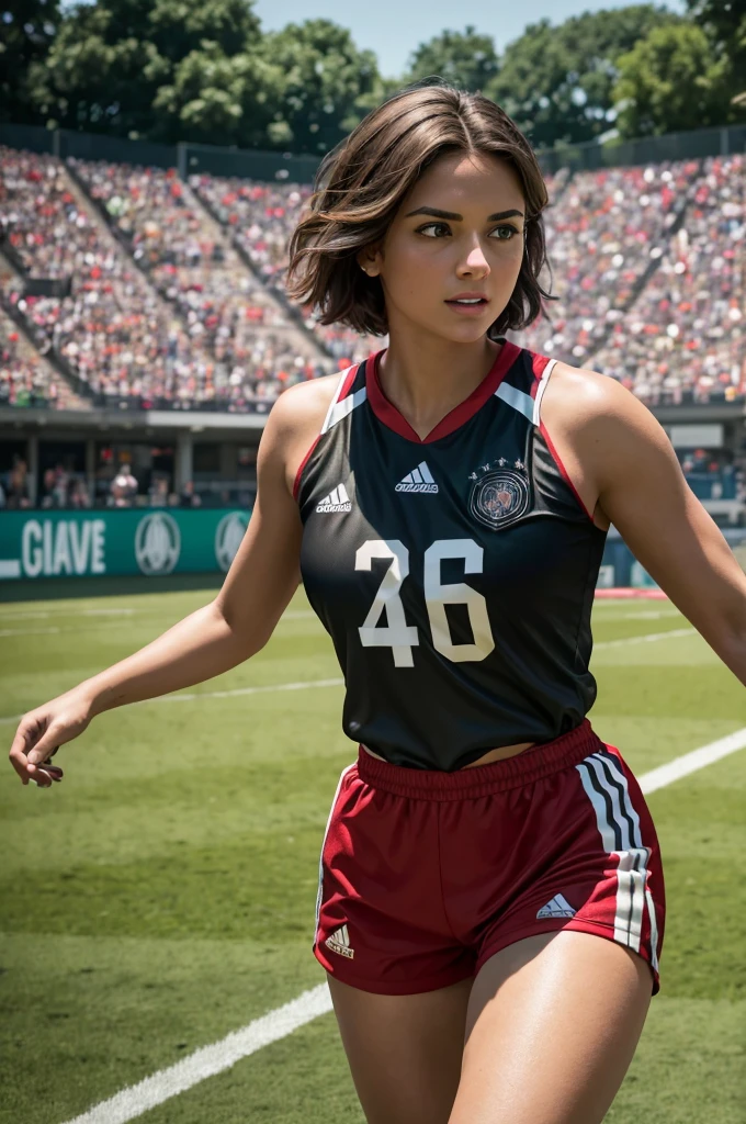a beautiful young woman with short brown hair, wearing a Germany football jersey and shorts, standing on a green football pitch, holding a football, dynamic pose, (best quality,4k,8k,highres,masterpiece:1.2),ultra-detailed,(realistic,photorealistic,photo-realistic:1.37),hyper detailed facial features, extremely detailed eyes and face, portrait, sports, football, realism, vibrant colors, dramatic lighting