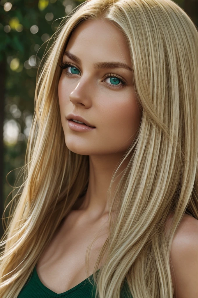 A blonde with green eyes, long hair, skin texture and ultra realistic in 4k,8K