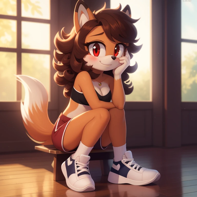 mobian, hedgehog, two-tone fur ((orange fur, brown fur)), pyjama elastic shorts, strapless crop top, cleavage, high-top sneakers, two-tone hair (brown hair, black tip)), curly hair, halo, sunglasses, jewelry, red eyes, longeyelashes, red eyes, smile, shy, blush, high detail, masterpiece, UHD, anatomically correct, super detail, highres, 4K