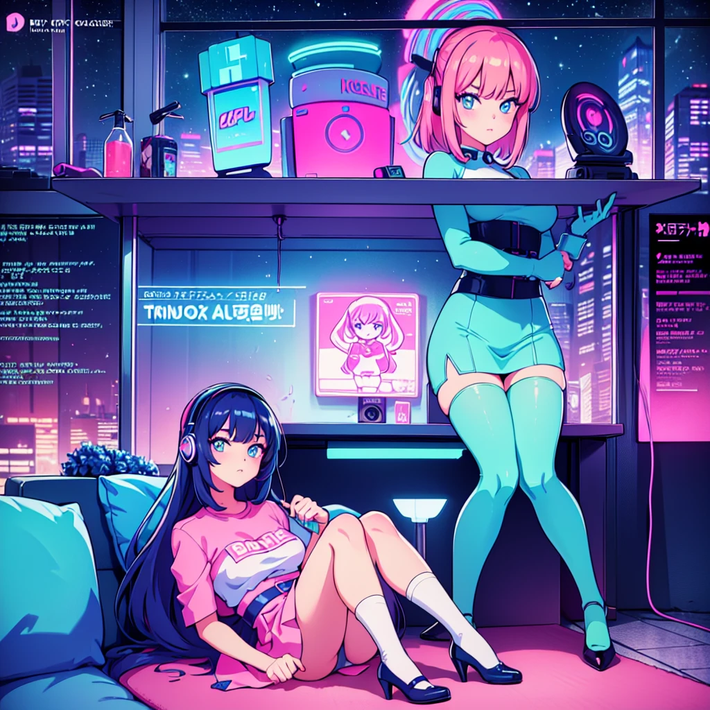 (masterpiece), Highest quality, Expressive eyes, Neon pastel aesthetics, Retro 90s, Neon color,((Girl sitting on sofa,In a cozy room,Records hanging on her wall, Comic books on the floor, Looking out the window behind her at the night city, Upholstered room, Anime figures lined up on a shelf)), Wearing headphones, (All around her it sparkles), (Wearing high socks and heels), (blue eyes), (Soft look), (Synthwave Art Style), Colorful Hair, Desk with PC set up