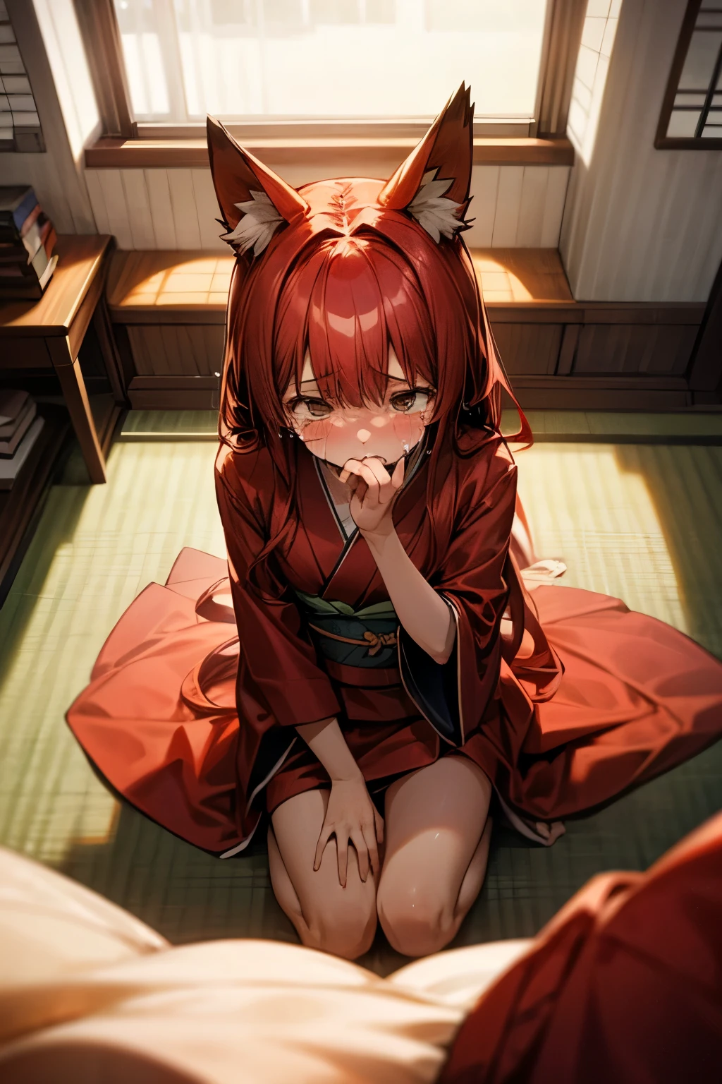 A girl with long red hair.fox ears. Red kimono. On knees. Indoors. Living room. POV, sitting on knees on floor. Upper view. Tears. Sad face