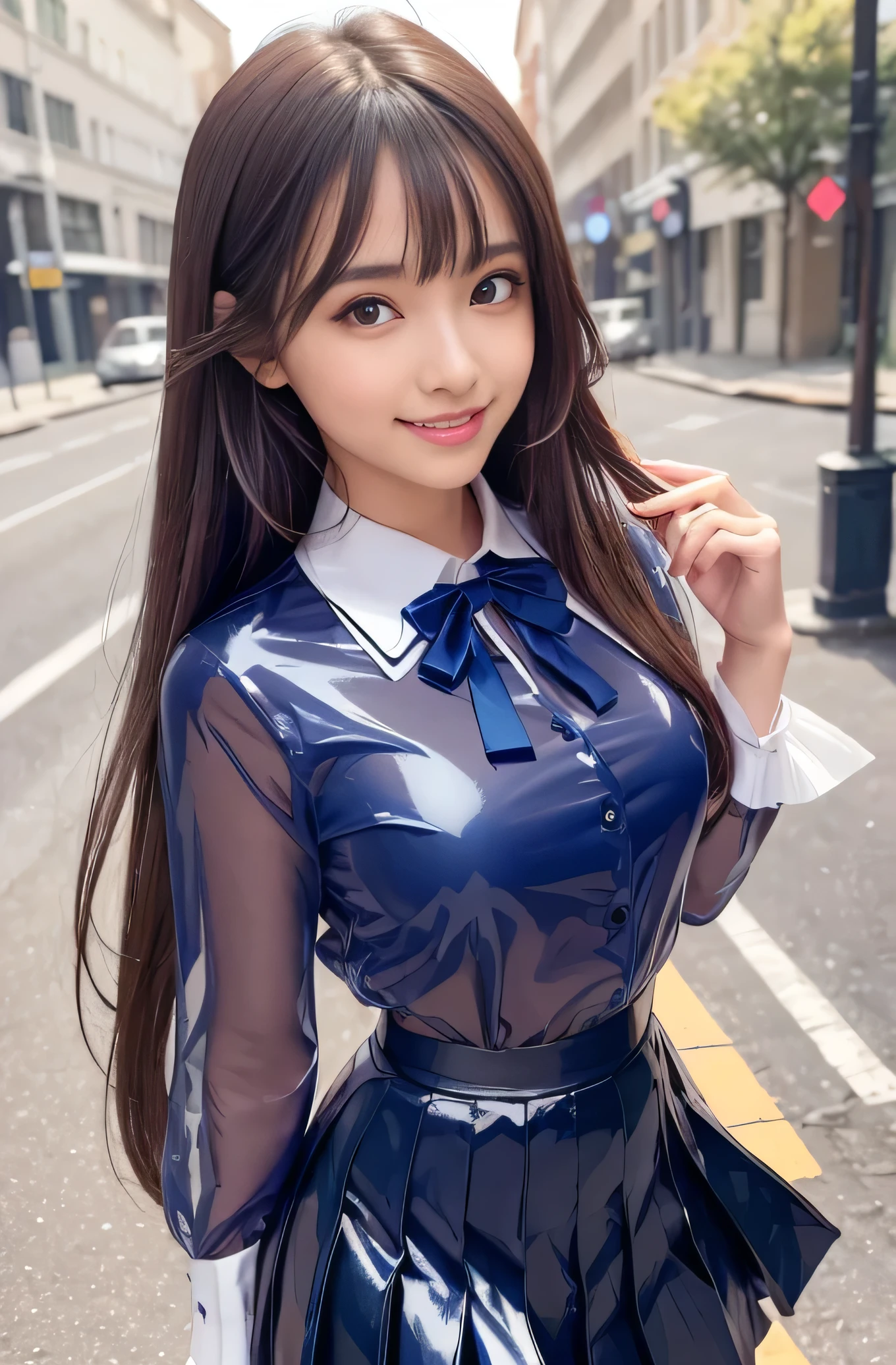 Angelic Very pretty cute young girl, 
very beautiful girl,
(V-line jaw),
Beautiful detailed brown eyes, (clear-eyed:1.3),
small straight nose,small mouth,
Detailed double eyelids, 
(Large eyes:1.3), 
Long straight brown hair, 
see-through bangs, 
beautiful detailed face and eyes, 
smiling, in the street,
BREAK   
(super shiny translucent dark blue slime see-though blazer:1.3),pearl white school blouse,(shiny bright red slime neck bow tie:1.2),(super shiny translucent dark red slime pleat skirt :1.5),(school uniform with super reflective surfaces:1.5),

(Very beautiful cute girl:1.2), 
Very pretty cute young girl, 
V-line jaw,
Beautiful detailed eyes, 
very beautiful girl,
Detailed double eyelids, 
(Large eyes:1.3), 
Long straight brown hair, 
see-through bangs, 
beautiful detailed face and eyes, 
smiling, 
break  
(Very beautiful cute girl, Beautiful detailed eyes, Detailed double eyelids:1.3), 
(Soft Saturation: 1.3), 
(Fair skin: 1.4), 
(Large eyes:1.4), 
break  
Very beautiful cute girl, 
Sharp Focus, 
brown hair, 
Very beautiful cute girl, 
Raw photo, 
High resolution, 
perfect detail, 
Professional Photography, Professional Lighting, 
strong lighting,
break 
(smile:1.6),(5 yo:1.3)