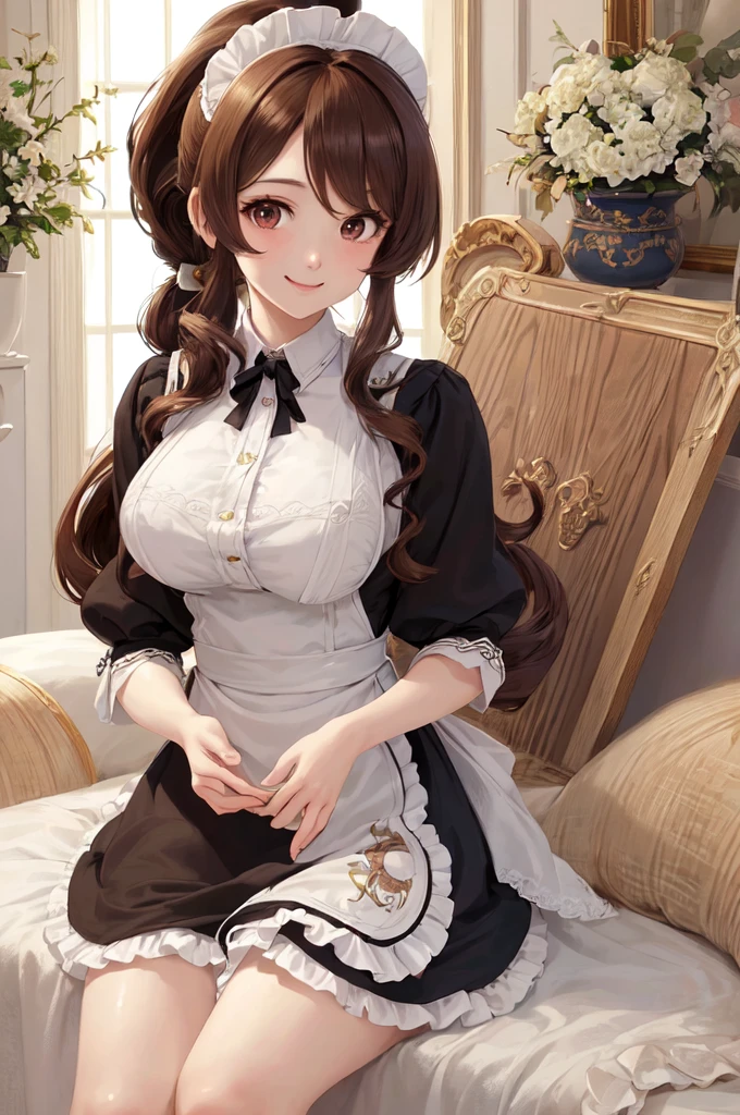 18 years old beautiful girl, big eyes, Large Breasts, Petite and slim, 8K, top quality, (Very detailed header: 1.0), (very detailed face: 1.0), (very fine hair: 1.0), maid uniform, Very detailed official artwork, Anime cute art style, Clean and detailed anime art, Smile, Brown hair, smooth long hair,curly hair,Tie a ponytail