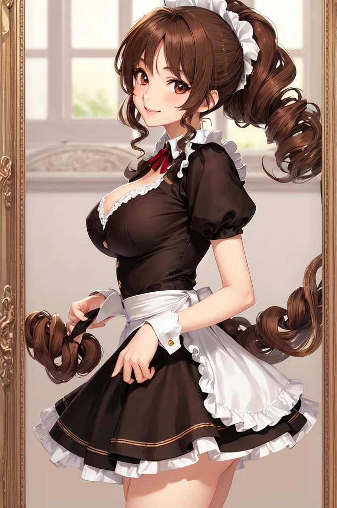 18 years old beautiful girl, big eyes, Large Breasts, Petite and slim, 8K, top quality, (Very detailed header: 1.0), (very detailed face: 1.0), (very fine hair: 1.0), maid uniform, Very detailed official artwork, Anime cute art style, Clean and detailed anime art, Smile, Brown hair, smooth long hair,curly hair,Tie a ponytail