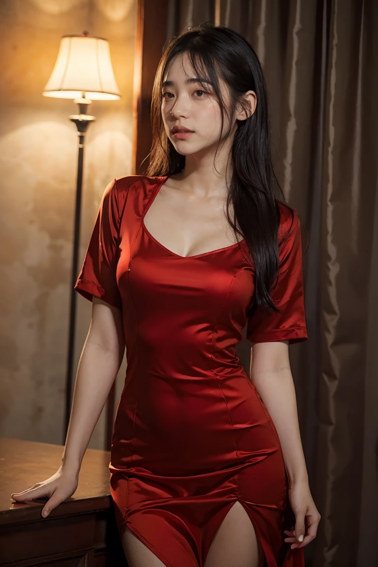 Top Quality, Masterpiece, Ultra High Definition, (Photorealistic: 1.4), Raw Photo, 1 Girl, Dark Hair, Glossy Skin, Dramatic Lighting, Full Body,, Red Dress, Colossal