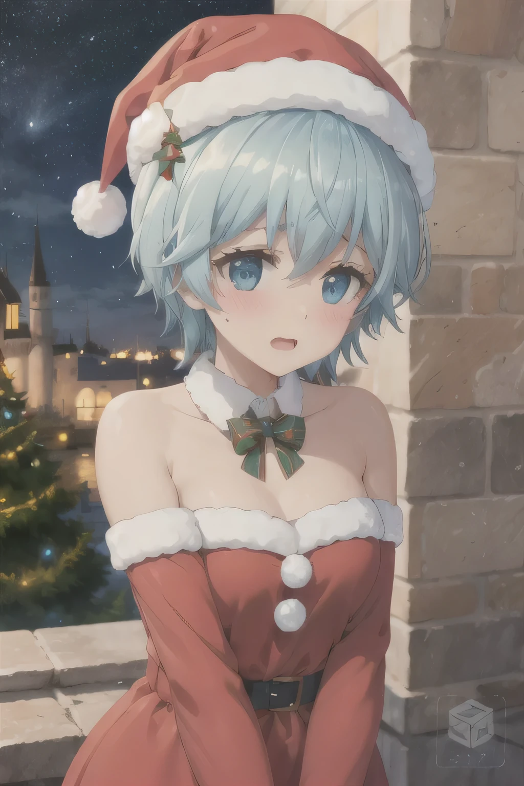 Christmas knot，Blue Hair，cute，Slightly blush，castle，Starry Sky，shy