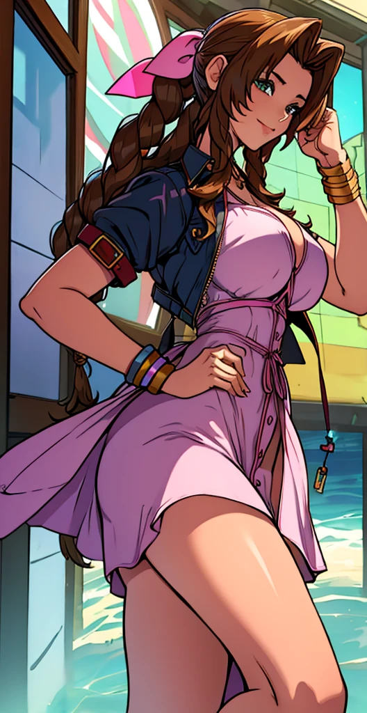 ​masterpiece, best qarity, Aerith Gainsborough, She is standing, she is raised, short dress, Athletic build, thin waste, broad hips, perky ass, gargantilha, Short jacket, hair bow, bracelet, pink dress, spectator side, smile, mouth shut, inside, stained glass, legs thick, big boobies, very short dress, she is standing, She is standing, beach scene