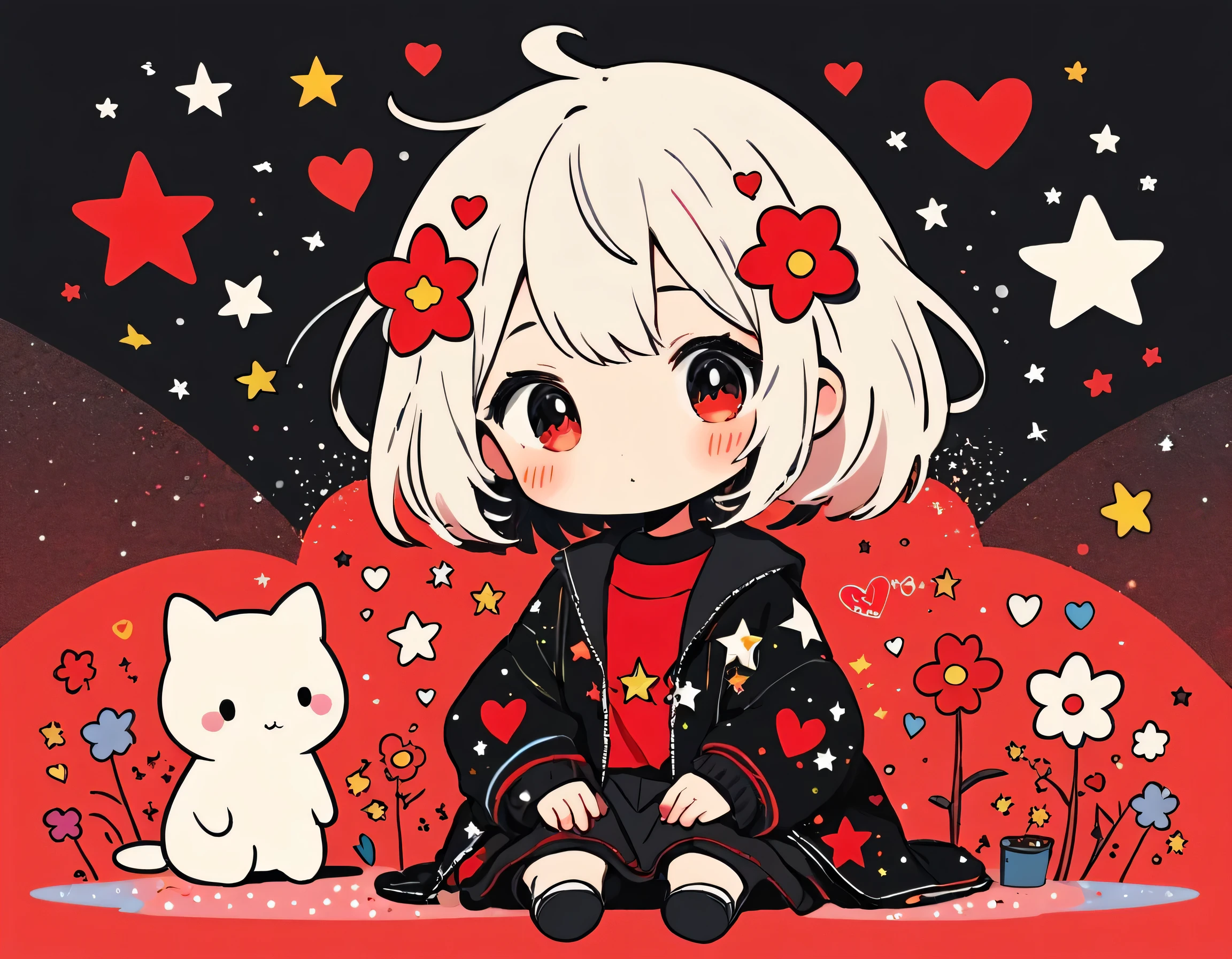 Black Star Red and White style, Simple Line Initialism,Abstract art,Kawaii Design, The most beautiful girl of all time、chibi, The background is star dust, colorful hearts, colorful flowers