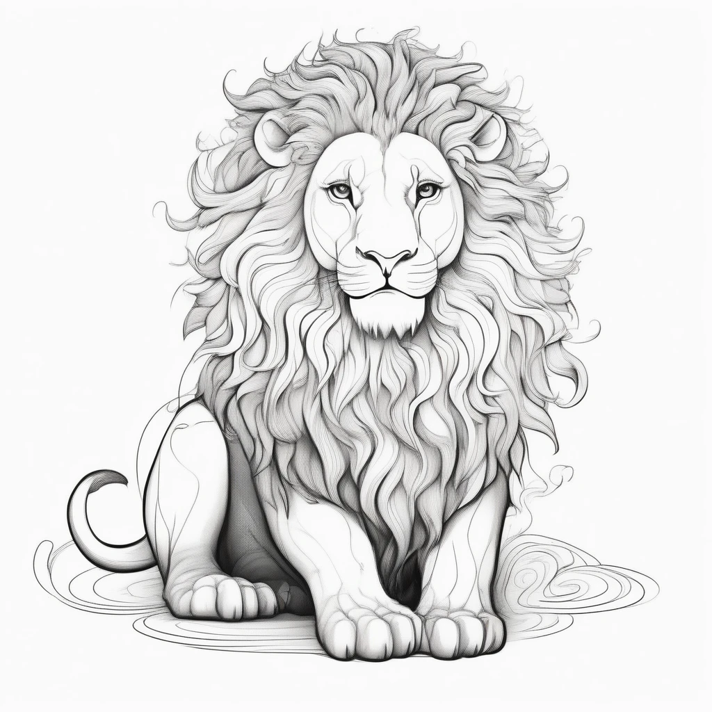 Cane, Lion in kawaii style, Fantasy, Magic, Mysterious, Unusual, Black and white, Wavy line, Realistic line drawing, Coloring page , Noiseless, Sharp thick lines, Sketch Art, Centered Image, Isolated on a white background