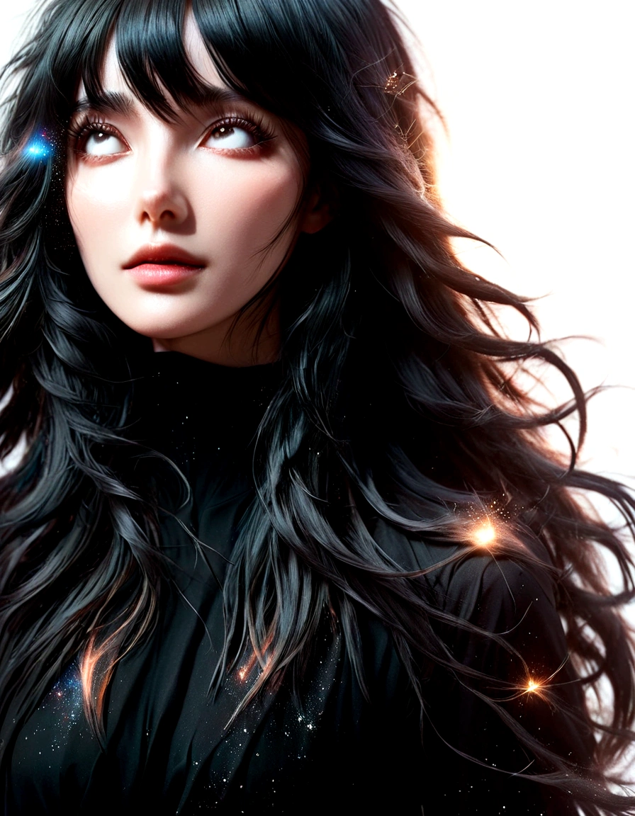 there is a woman with long black hair and a black shirt, light falling on face, girl with black hair, soft portrait shot 8 k, atmospheric portrait, windblown dark hair, frayed edges. light leaks, soft portrait, blurry face, woman with black hair, black-hair pretty face, detailed unblurred face, she has black hair with bangs