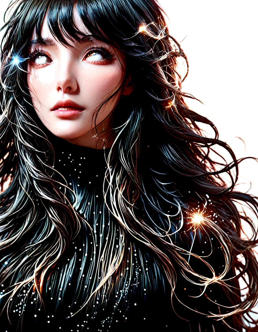 there is a woman with long black hair and a black shirt, light falling on face, girl with black hair, soft portrait shot 8 k, atmospheric portrait, windblown dark hair, frayed edges. light leaks, soft portrait, blurry face, woman with black hair, black-hair pretty face, detailed unblurred face, she has black hair with bangs