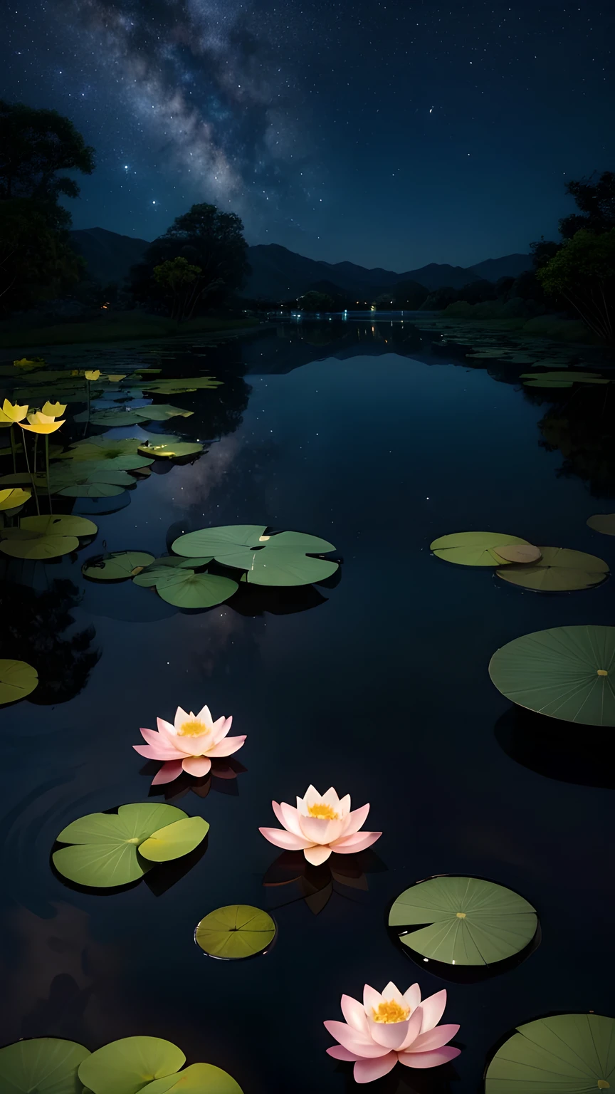 Nightfall,Moonlight is like water,Illuminating a lotus pond,The lotus leaves glow silver,The pool water ripples,The croaking of frogs echoes in the night sky。