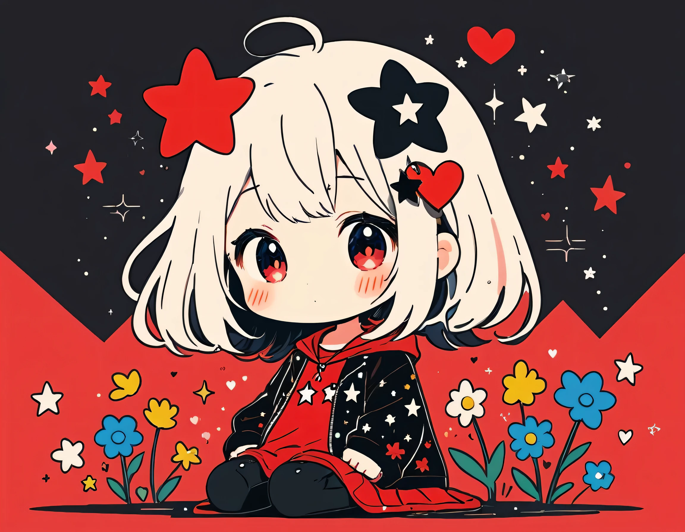 Black Star Red and White style, Simple Line Initialism，Abstract art，Kawaii Design, The most beautiful girl of all time、chibi, The background is star dust, colorful hearts, colorful flowers