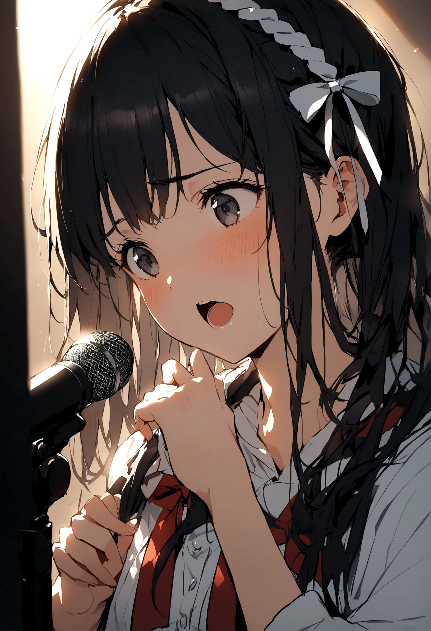 Black Hair、long、Grating、Ribbon hair ornament on the right、singing、Girl、Piece