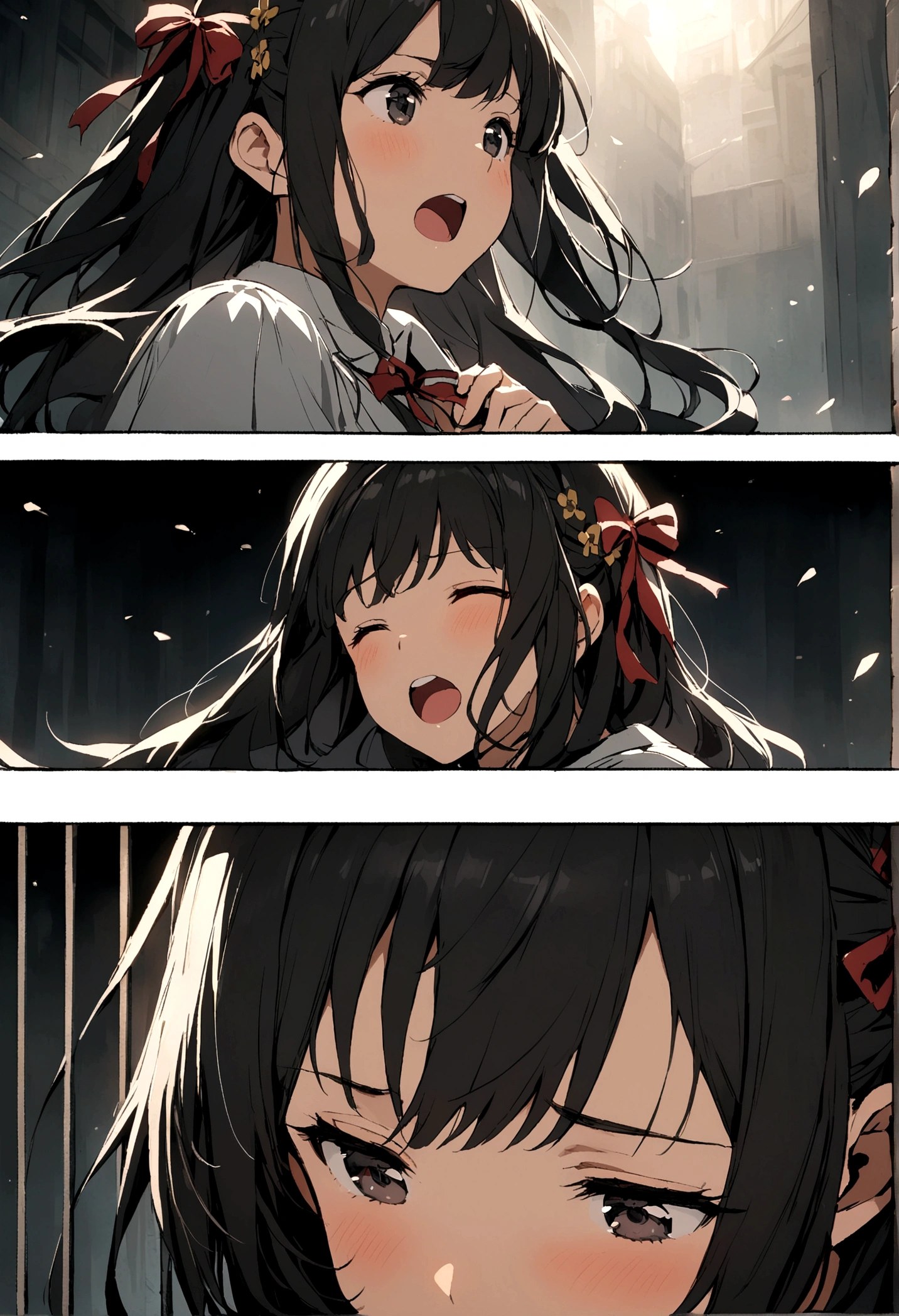 Black Hair、long、Grating、Ribbon hair ornament on the right、singing、Girl、Piece