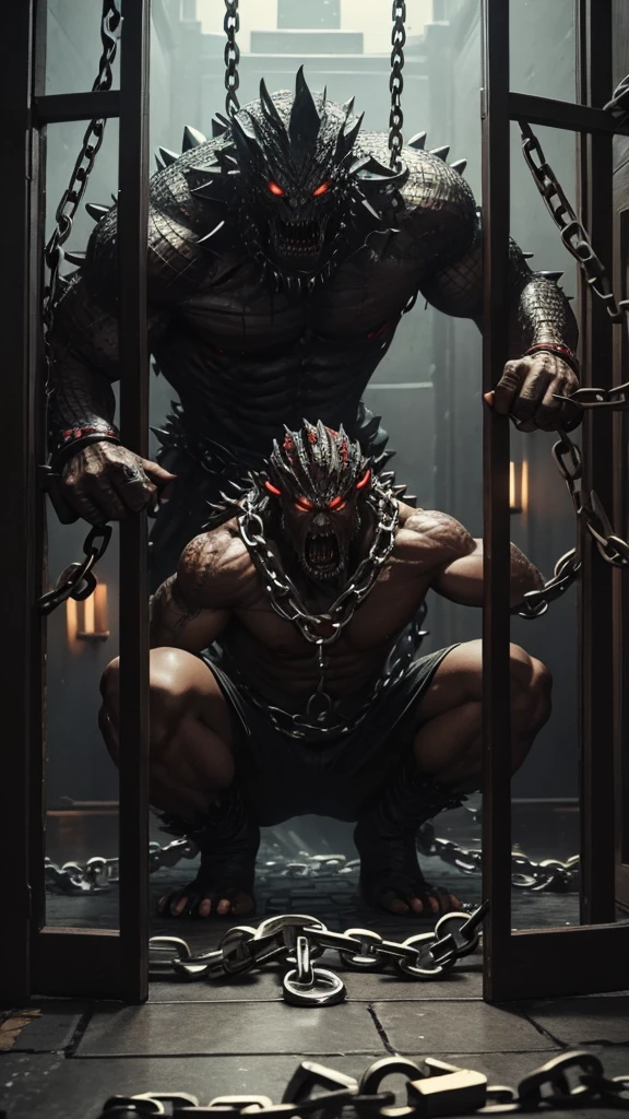 A monster breaking the chains he was trapped in