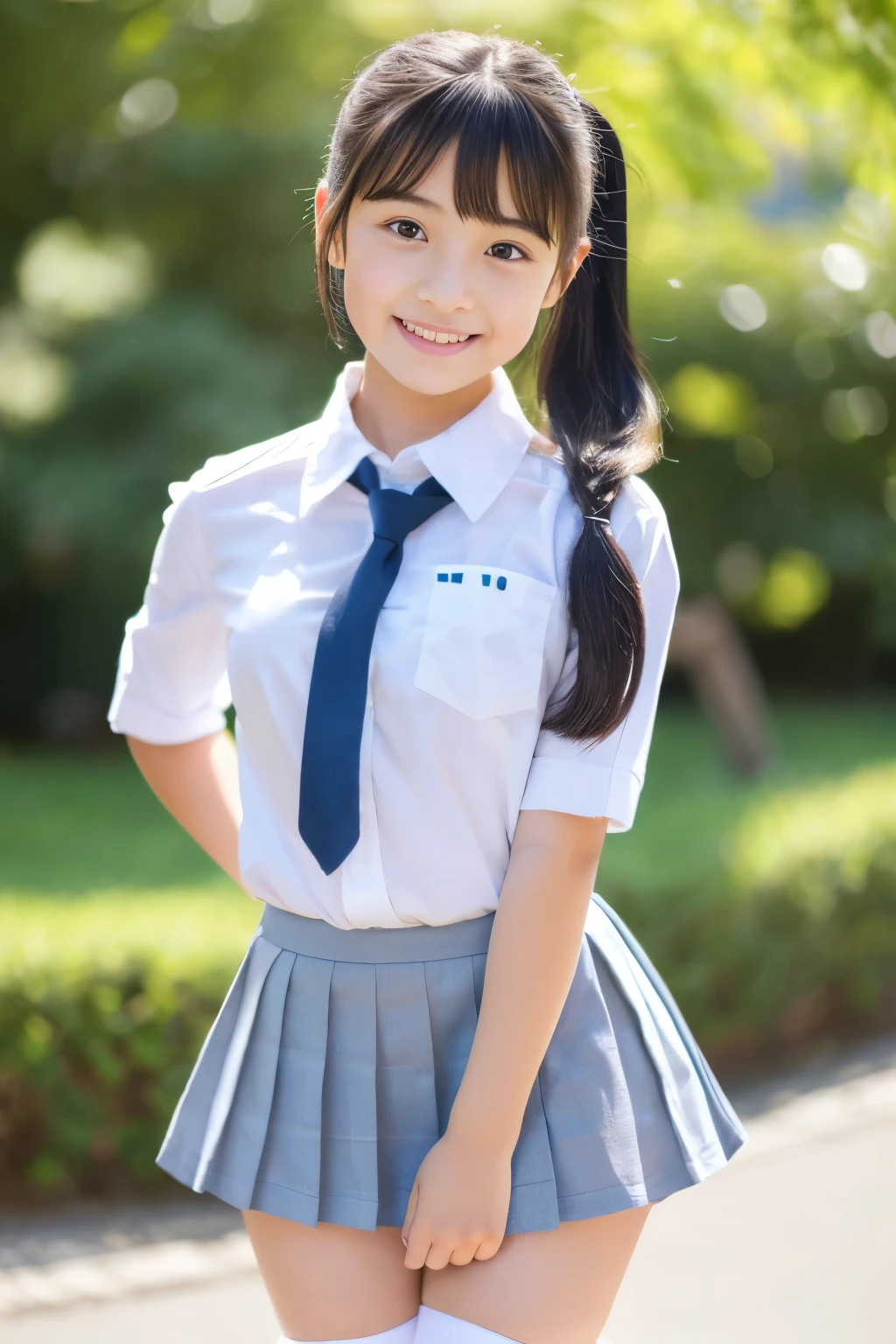 (((masterpiece))),  (Beautiful Japanese Girl, Classmate, Landscape and innocence，cute) ，Ultra-high resolution, Realistic, Ultra-detailed, 8K,Highest quality, Very detailed, Detailed Background,Slender,とてもBeautiful Japanese Girl, Detailed face:1.3), Full-body display，(Short ponytail，Black Hair :1.4), (Baby Face，cute系,Adorable 12 year old girl), (Perfect body:1.1),  (school uniform，mini skirt、Sweating、Small white panties), The best smile,非常にDetailed face、Beautiful thighs，Detailed lips、Detailed eyes、 gravure idol，Clear Skin，Crouching，Girl&#39;s Room
