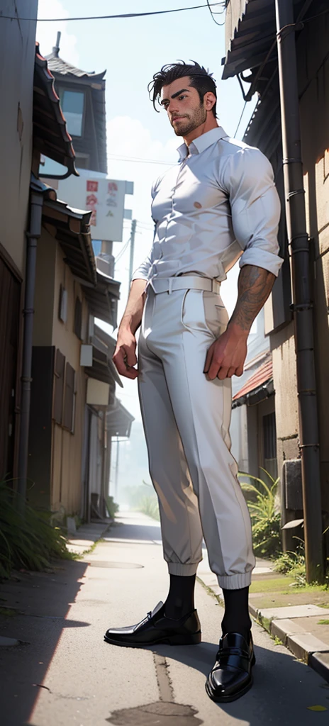 masterpiece, best quality, Face, Natural Eyes, European, Bigfoot, Black socks, whole body, White shirt ,Black suit pants，Big bulge, Long legs, Looking at the audience, 30 years old, muscular and mature, Slim waist, Short hairstyle,blue eyes, rinse, sex, Sweating, Tight cloth, Standing ,Face上有伤疤,Behind it is the battlefield，Desolate place outside a town,ruins，