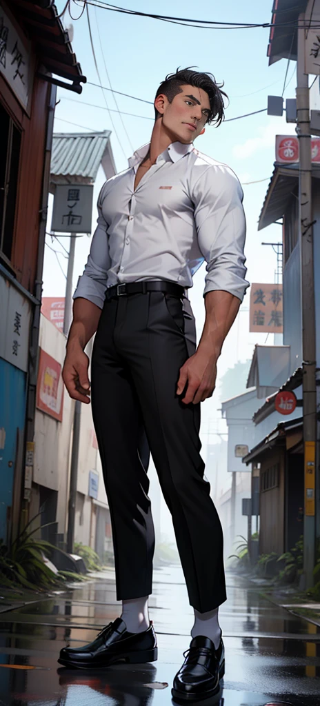 masterpiece, best quality, Face, Natural Eyes, European, Bigfoot, Black socks, whole body, White shirt ,Black suit pants,Big bulge, Long legs, Looking at the audience, 30 years old, muscular and mature, Slim waist, Short hairstyle,blue eyes, rinse, sex, Sweating, Tight cloth, Standing ,Face上有伤疤,Behind it is the battlefield,Desolate place outside a town,ruins,