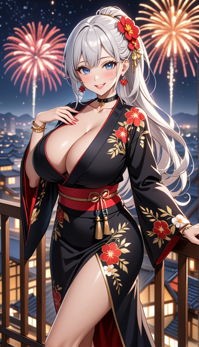 ((One personの女性)), Beautiful Face, (Laughing embarrassedly), (seductive smile:1.4), ((Wink:1.6)), (head tilt:1.3), Laugh with your mouth wide open, upper teeth, looking at viewer, ((full-face blush:1.6)),Glossy Red Lips,Night view, High terrace, firework, Glossy red lips, Shining Face, ((Anime style background)),masterpiece, Highest quality, so beautiful,up to date, Complex details, (Pink long nails),(ring),(bracelet),(Floral choker),AI-generated, Complex,High resolution, Highest quality, super high quality,3D Images、3D Images,One person,Long white hair,High Ponytail, Anime woman posing for a photo,((silver eyes:1.5)), ((Fine grain、blue eyes、Shining Eyes:1.3)), (Squint your eyes:1.1),a hyperRealistic , hyperRealistic , Realistic,Anime woman with long white hair, Smooth anime CG art, A woman in a colorful kimono with gold embroidery, ((Black long sleeve kimono)),Red floral pattern,Long flower hair ornament,Earrings, Black High Heel Sandals, Mature Body,((huge breasts:1.3)), Tall,Abdominal muscles, Tight waist, (Leaning forward), (full body:1.3), Stick your butt out, ((looking back)),