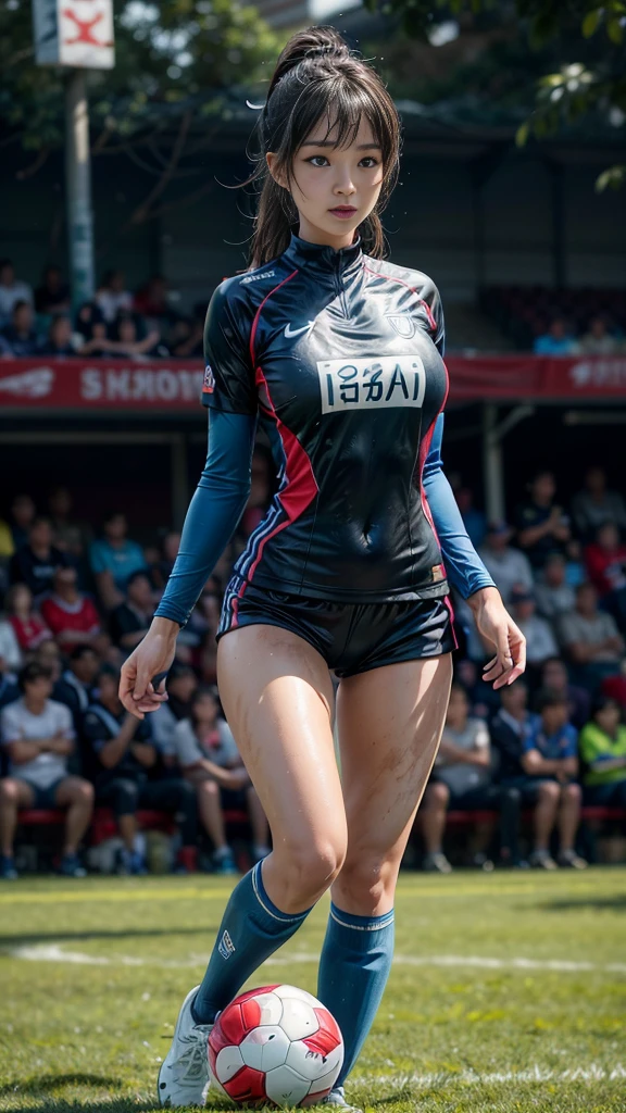 Highest quality, High resolution:1.2, Very detailed, Realistic:1.3, ((Beautiful woman))、((Super tight uniform))、(())、Vibrant colors, play soccer,((Blunt bangs))、Various Hair Styles、Different hair colors、With bangs、Wet Hair, concentrate, splash, Action Shots, Grass blotches, Muddy ground, Wet turf, decide, Fast-paced games, Athletic physique, Shiny soccer ball, Wet Uniform, raindrop, Blurred motion, ボールにconcentrateする, Intense competition, Skillful dribbling, Energetic play, Teamwork, powerful shoots, Wet pitch, Passionate sports, Fierce decimid atmosphere, Fluid movement, emotional expression、Dramatic lighting, Women's Sports, Avid athletes, Exciting Games, Endure, Excited state, Speed and agility, Energetic play, 濡れたsplash、smile、Red Uniform