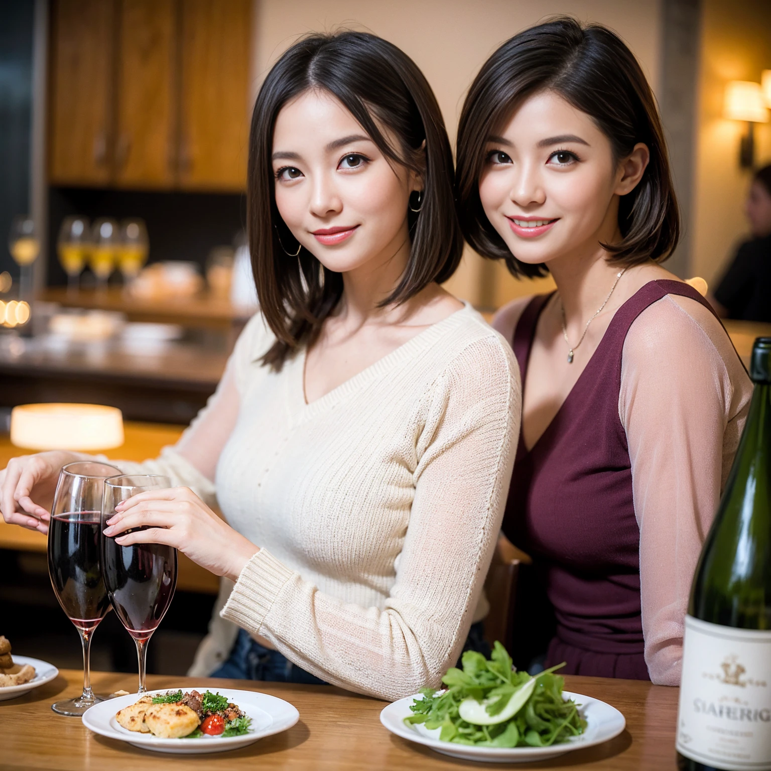 ((Highest quality、8K、masterpiece:1.3))、slimカップル、modelカップル、(Realistic, Intricate details:1.2), full-course dinner、Wine Party、Amazing view of the sunset sky and clouds、A bright smile、The wonderfulness of smile、Bright image、The beauty of wine, Beautiful Face, blue eyes, The light shines on your face, Blushing, short hair,Bright Face、 (Age 37), 39 years old, red wine 、Appetizers、Italian food、Wine bottle、Champagne、sparkling wine、Two beauties、Brown Hair、Shortcuts、Long sleeve shirt、dress、Beautiful woman 1, (slimな顔), (The body is slim), (Brown Hair), (Shortcuts), cheeks turn a little red,Attractive beauty、restaurant, In a prominent place (From the waist up) Nova Frog Style, actress, model, Upper Body, White wine, slim, wine glass, 中央に置かれたwine glass, smile, (smile: 1.15), Beautiful fine grain, Depth f/2,saturation, High Contrast, Strong light and shadow,Moist Body:1.5、3D texture、Delicate eyes、Brown Hair、The hair is very shiny、