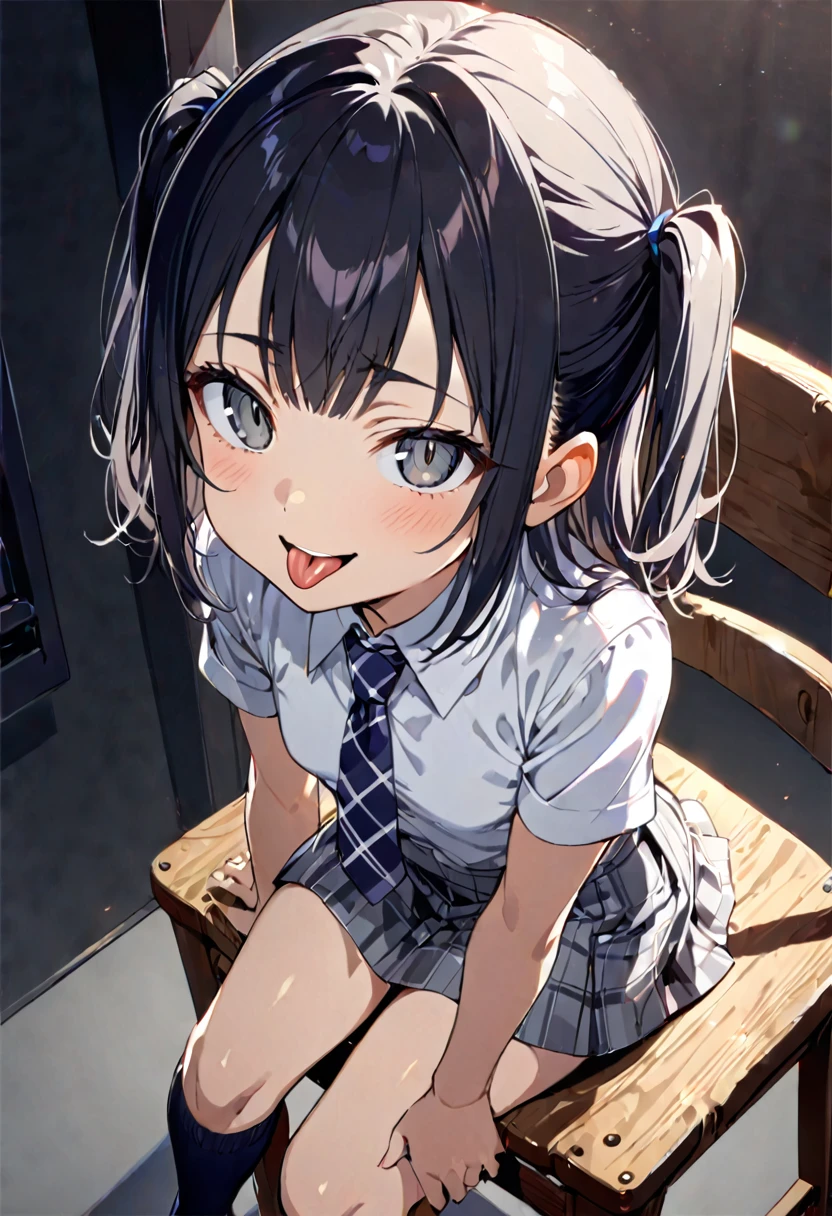sitting on a wooden chair,looking ahead,from above,side view,face focus,open mouth,tongue out,cum on tongue,lick,(1girl,Beautiful 14 year old girl),((Slender,Small breasts,Baby Face,Small face,)),looking at viewer,Black Hair,bangs,two side up,Gray Eyes,Drooping eyes,slit pupils,narrow eyes,,Short sleeve shirt,Grey checked tie,Grey checked mini skirt,Navy blue socks,Beautiful and detailed anime art,Mischievous smile,Dimly lit room,Simple Background,Gray background,Low lighting