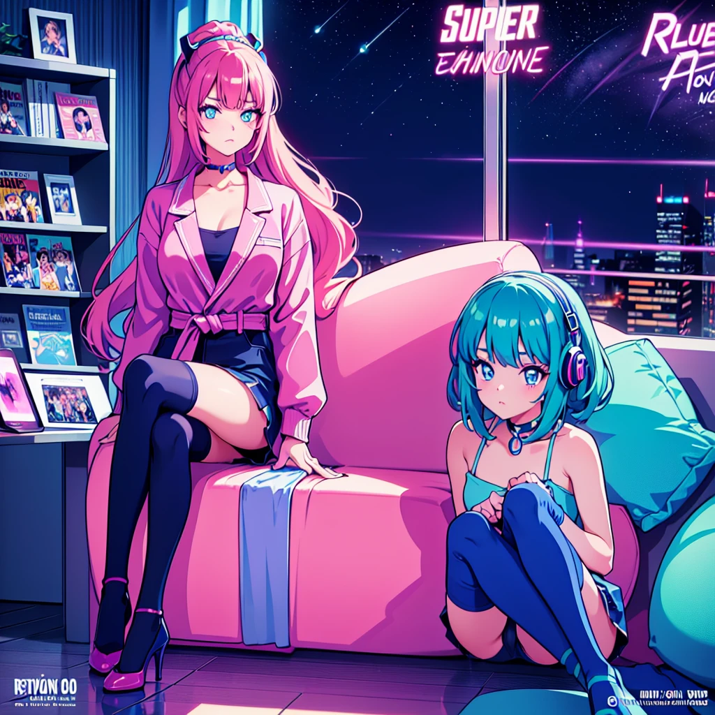 (masterpiece), Highest quality, Expressive eyes, Neon pastel aesthetics, Retro 90s, Neon color,((Girl sitting on sofa,In a cozy room,Records hanging on her wall, Comic books on the floor, Looking out the window behind her at the night city, Upholstered room, Anime figures lined up on a shelf)), Wearing headphones, (All around her it sparkles), (Wearing high socks and heels), (blue eyes), (Soft look), (Synthwave Art Style), Colorful Hair, Desk with PC set up