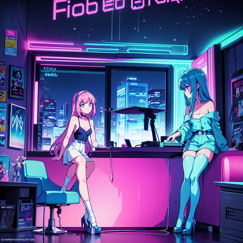 (masterpiece), Highest quality, Expressive eyes, Neon pastel aesthetics, Retro 90s, Neon color,((Girl sitting on sofa,In a cozy room,Records hanging on her wall, Comic books on the floor, Looking out the window behind her at the night city, Upholstered room, Anime figures lined up on a shelf)), Wearing headphones, (All around her it sparkles), (Wearing high socks and heels), (blue eyes), (Soft look), (Synthwave Art Style), Colorful Hair, Desk with PC set up