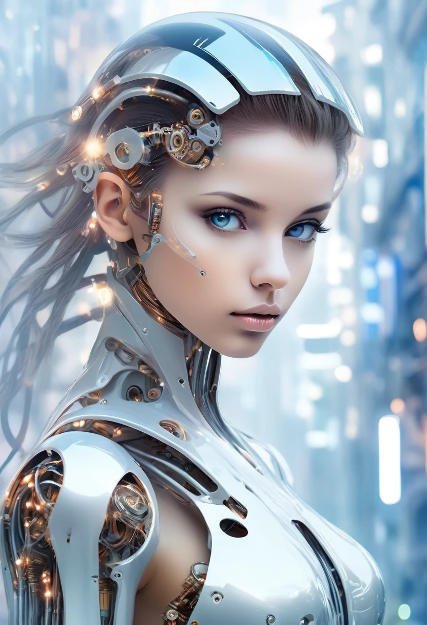 Translucent ethereal mechanical girl,Futuristic girl,Mechanical jointecha-girl,futuristic urban background