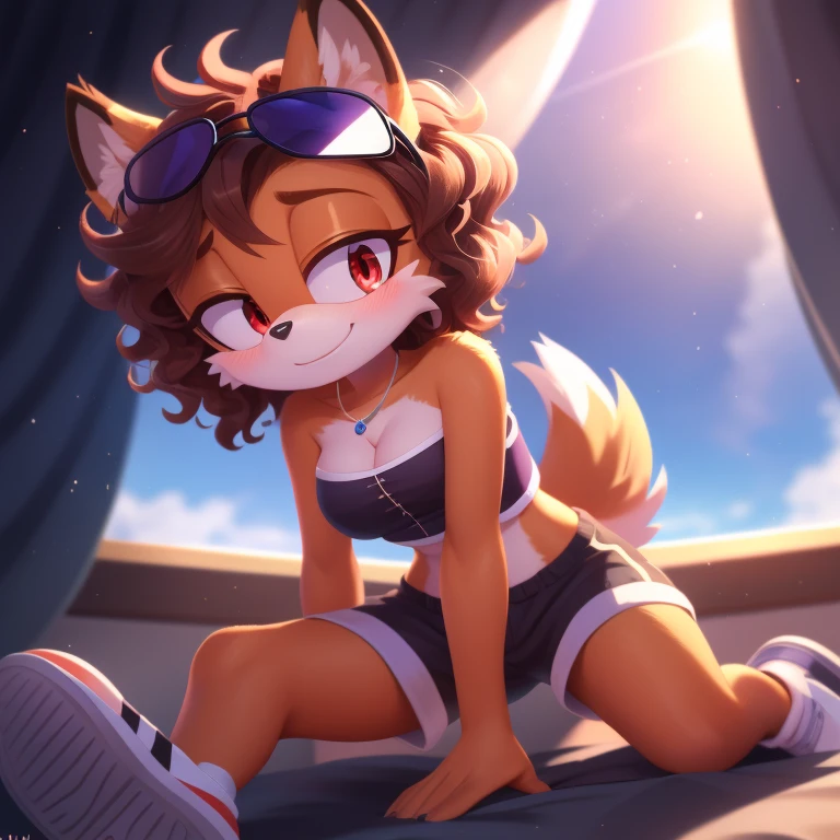 mobian, hedgehog, two-tone fur ((orange fur, brown fur)), pyjama elastic shorts, strapless crop top, cleavage, high-top sneakers, two-tone hair (brown hair, black tip)), curly hair, halo, sunglasses, jewelry, red eyes, longeyelashes, red eyes, smile, shy, blush, high detail, masterpiece, UHD, anatomically correct, super detail, highres, 4K